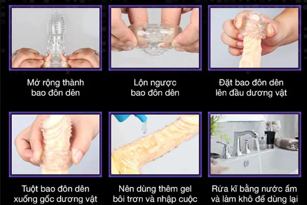 Hình ảnh minh họa các bước sử dụng bao cao su đôn dên Hình ảnh minh họa các bước sử dụng bao cao su đôn dên